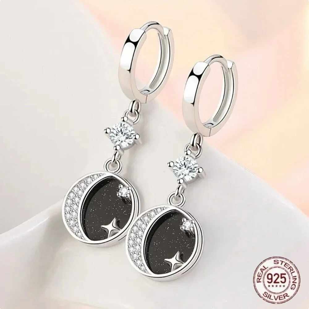 NWT Star Moon Dangle Drop Earrings S925 Sterling Silver CZ Enamel Celestial